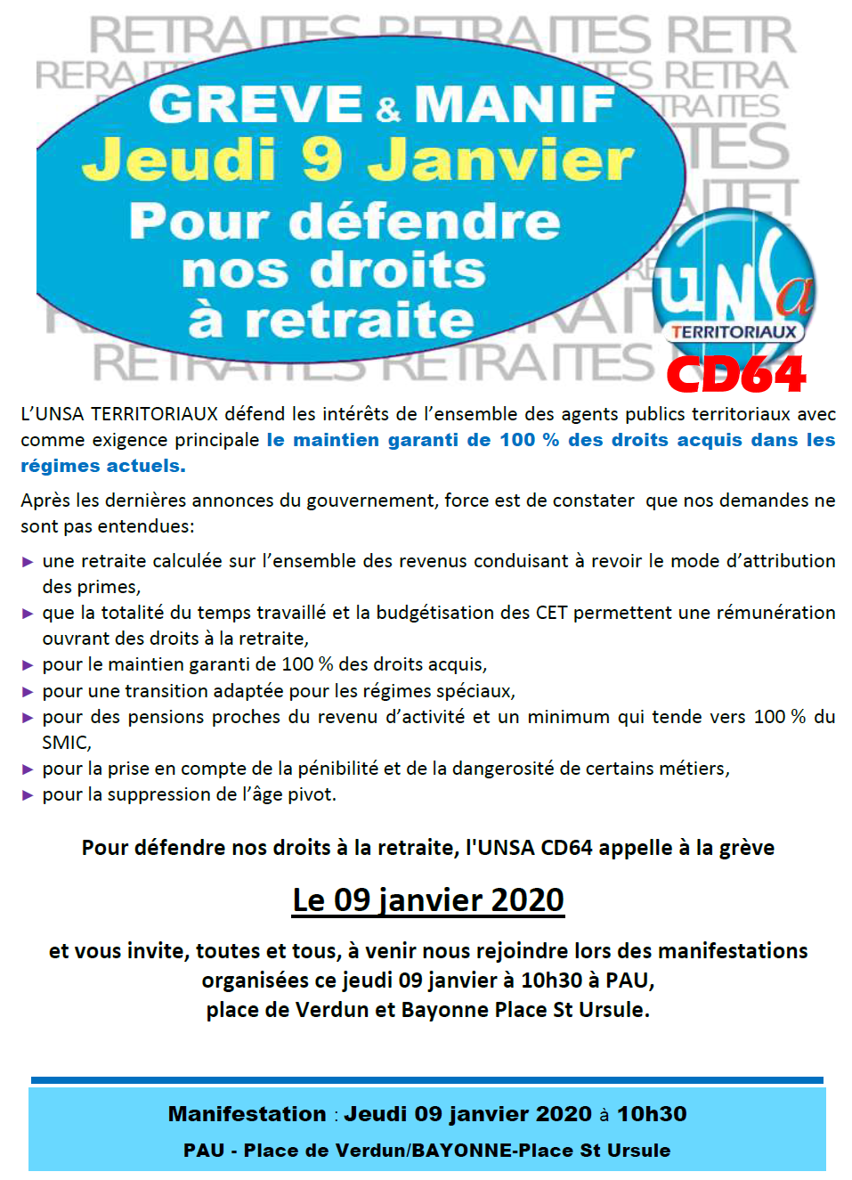 9 janvier 2020 : Grève et Manifestations avec l’UNSA CD64